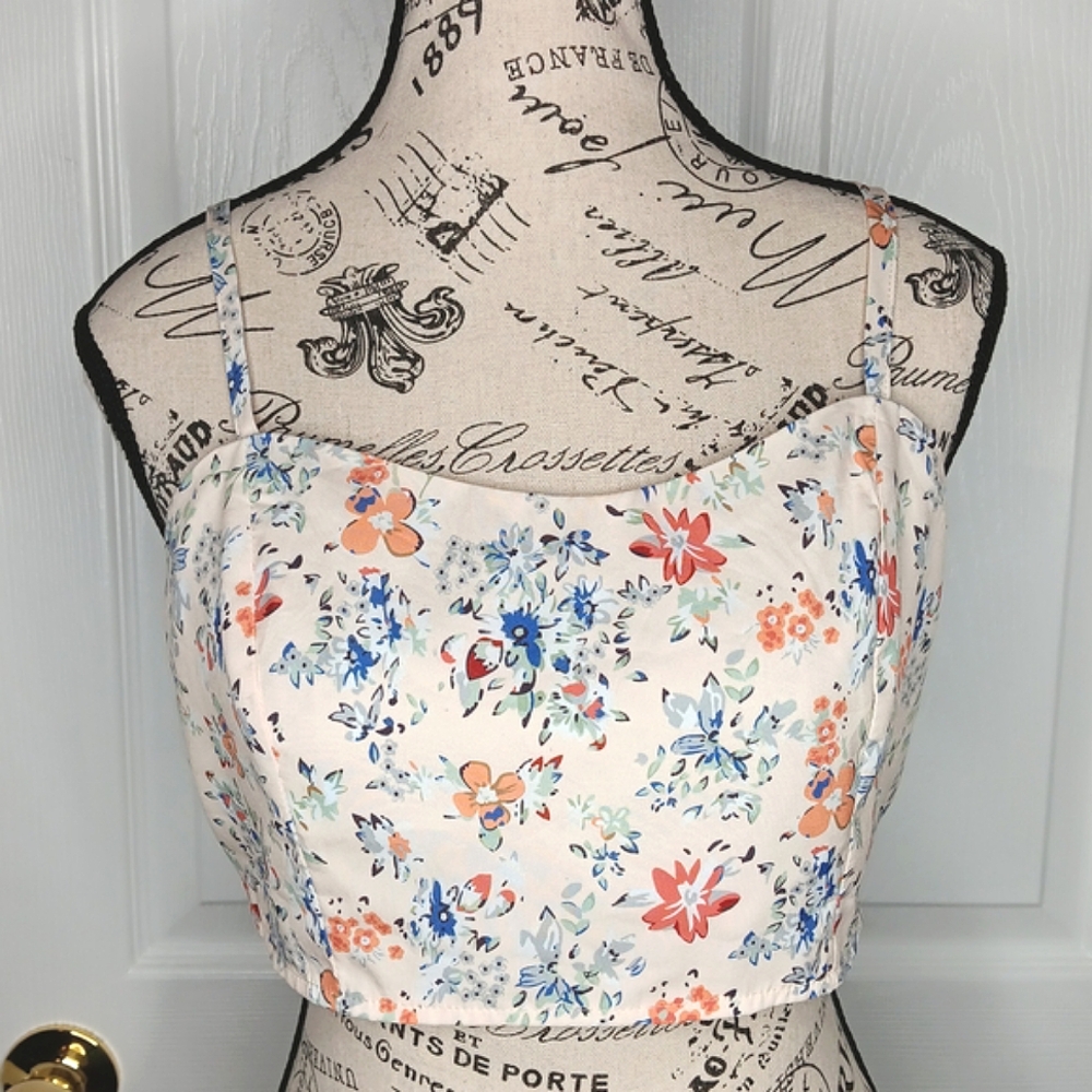 SHEIN Women's Cream Floral Crop Top Size L Summer Sleeveless Cami